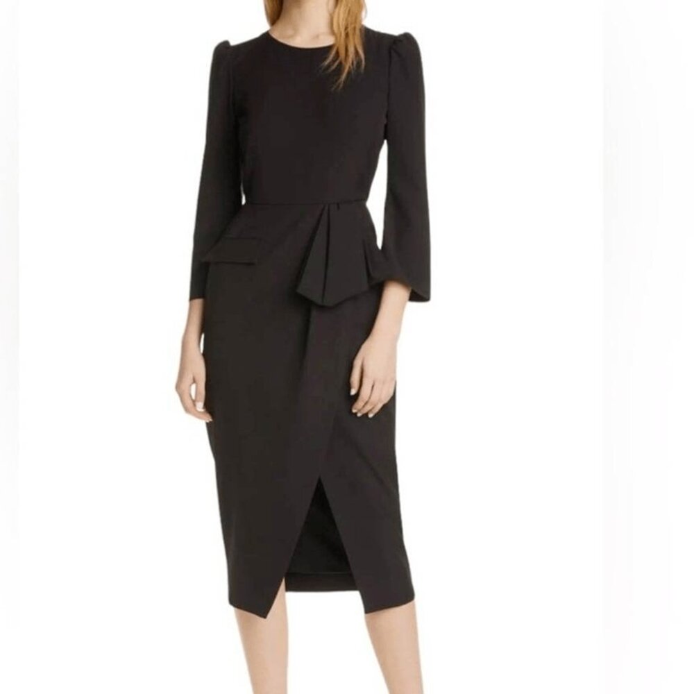 $700 SALONI Valentine Puff Bell Sleeve Black Midi Dress Bow Feminine 4 US 8 UK